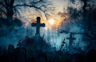 Sticker - graveyard silhouette halloween Abstract Background.