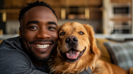 Black african american man cuddling his fluffy golden retriever dog at home, ai generated	
