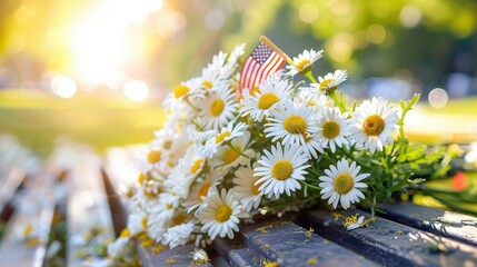 Wall Mural - Patriotic Summer Daisies with American Flag on Wooden Bench