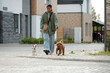 © pressmaster - Long shot of teenage dog sitter in casual attire walking down sidewalk with two purebred pets pulling leashes during stroll with girl