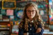 © Minerva Studio - Smart schoolgirl wearing glasses standing with crossed arms in classroom