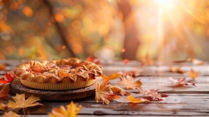 Canvas Print - Closeup of a delicious apple pie on a wooden table with autumn leaves, capturing the essence of fall.