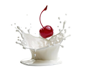 Poster - Red cherry splashing into white liquid creating crownlike splash