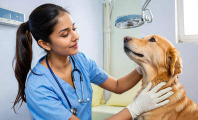 Indian Female Veterinarian Treating Golden Retriever in Modern Clinic