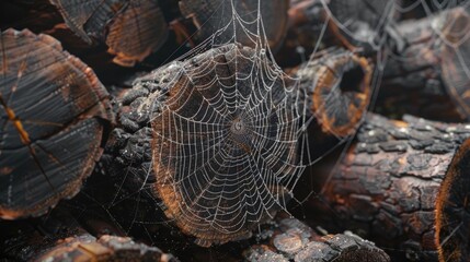 fragile spider s web placed amidst logs