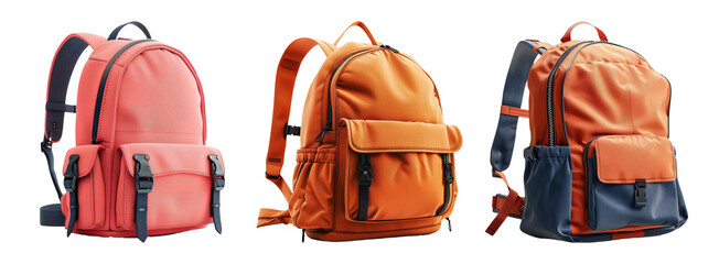 A Trio of Colorful Backpacks With Unique Designs and Practical Storage Options on a Transparent Background