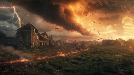 Wall Mural - tornado and lightning storms destroy in plain. natural disasters. climate change