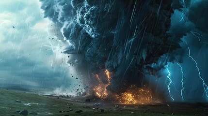 Wall Mural - tornado and lightning storms destroy in plain. natural disasters. climate change