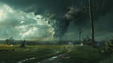 Wall Mural - tornado and lightning storms destroy in plain. natural disasters. climate change