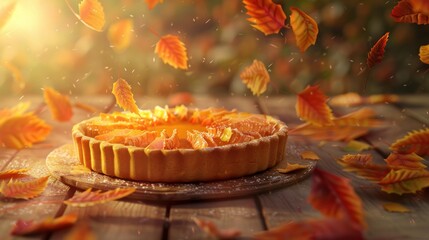 A golden pie sits on a wooden table with autumn leaves falling around it.