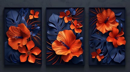 Set of three modern 3D floral wall art canvas with orange flowers and blue leaves on a dark background