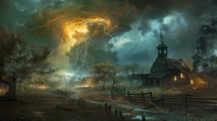 Wall Mural - tornado and lightning storms destroy in plain. natural disasters. climate change