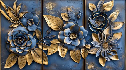 Set of three modern 3D floral wall art panels in blue and gold colors