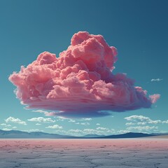 Wall Mural - Surreal Pink Cloud Floating Over a Vast Desert Landscape with Mountains in the Distance Under a Clear Blue Sky