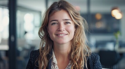 A smiling woman with long hair looking directly at the camera