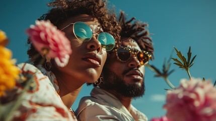 Two individuals with curly hair are surrounded by colorful flowers under the clear blue sky, suggesting a vibrant and lively moment captured outdoors.