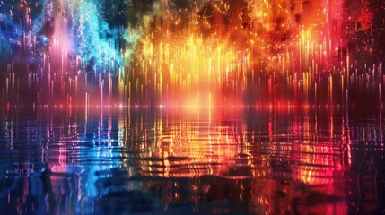 Canvas Print - Abstract glowing city skyline reflected in water.