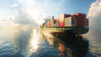 A detailed shot of a cargo container ship anchored in the middle of the ocean, its containers reflecting the sunlight on a serene day.