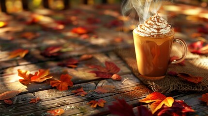 Wall Mural - Steaming cup of coffee with whipped cream on a rustic wooden table with fall leaves.