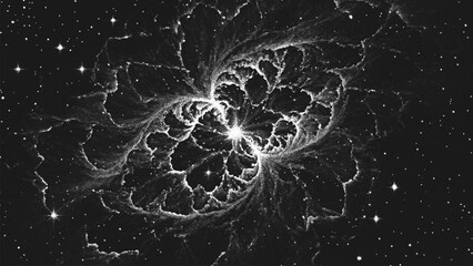 Aufkleber - Deep space scene background in stippling style with amazing huge nebula and glowing stars cluster in universe. Retro styled dotwork. Pointillism. Noisy grainy shading using dots. Vector illustration