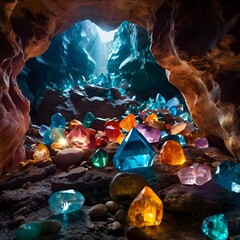 A crystal cavern illuminated by colorful gemstones