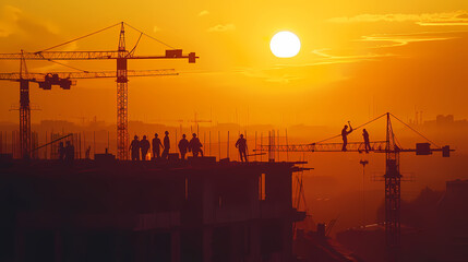 Wall Mural - A group of cranes standing next to each other at a construction site, silhouetted against the sunset sky
