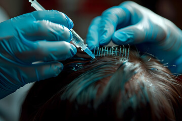 Poster - Hair regeneration, Plasma injection into the hair on a woman 's head .a cosmetologist makes plasma injections into the scalp