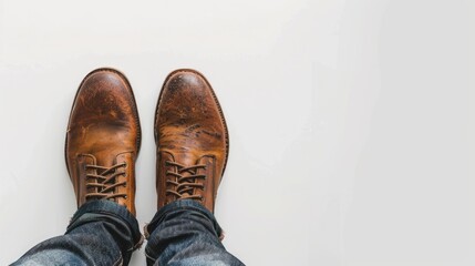 Distressed vintage brown leather shoes and black jeans on white background showcasing lifestyle and fashion from a top view with room for text