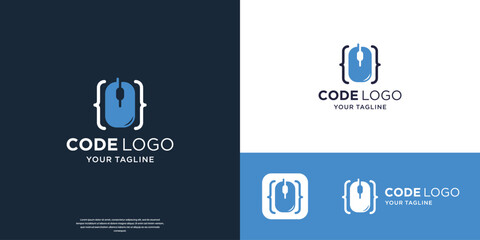 coding logo template with combined mouse symbol design for programmer technology.