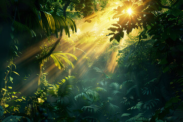 Wall Mural - A bright sun shines through the trees.