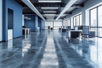 Sticker - Modern office with blue accents sleek furniture and bright natural light creating a vibrant and productive workspace