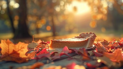 Wall Mural - A slice of pumpkin pie rests on a bed of autumn leaves, bathed in warm sunlight.