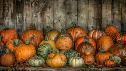 Wall Mural - A collection of pumpkins and gourds against a wooden background.