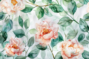 Wall Mural - A watercolor painting of a flower garden with pink flowers and green leaves.