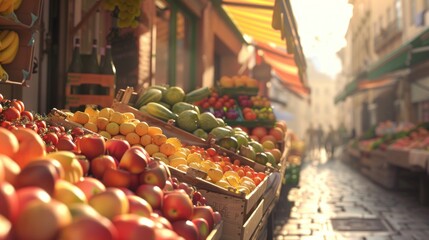 Wall Mural - Fresh fruits in wooden crates at a market stall.