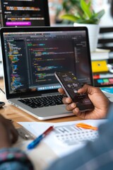 Software Developer Testing Mobile Application with Laptop, Smartphone, and Notes in Organized Workspace