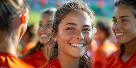 Canvas Print - A jubilant and energetic female soccer player, moments after scoring a game-winning goal during a critical match.generative ai