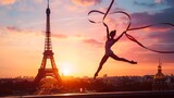 Olympic Games in Paris, France 2024. Graceful gymnast girl shows beautiful exercises and jumps with a ribbon on the background of the Eiffel Tower