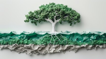 Sustainable ESG Green Concept with Paper Art Collage Featuring a Tree and Landscape for Environmental Awareness