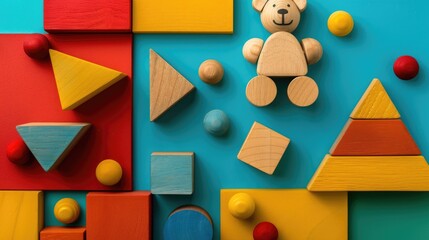 Educational wooden toys on colorful paper for children Variety of blocks bear and pyramid Ideal for kindergarten preschool or daycare Text space available Bird s eye view