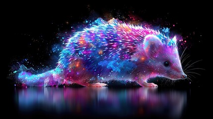 Wall Mural -   A rat perched atop the water's surface under a vibrant star-studded sky, surrounded by fiery displays