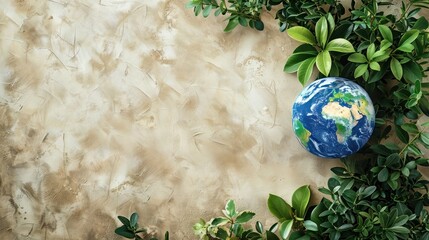 Canvas Print - Green leaves frame a miniature globe on a textured background.