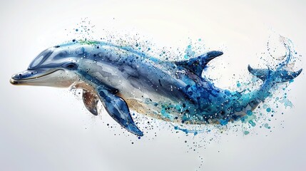 Wall Mural -   A painting of a blue-splattered dolphin against a white background