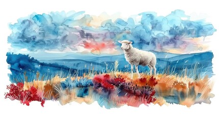 Wall Mural -   Watercolor painting of a sheep on a hill with a blue sky and red flowers