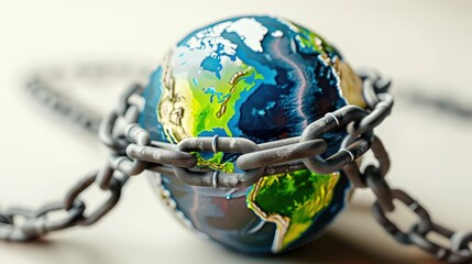 A 3D icon of a globe wrapped with a tightening steel chain, depicting the global impact of economic restrictions.