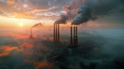 Wall Mural - Thick smog over an industrial landscape with smoking factory chimneys, symbolizing the air pollution problem.