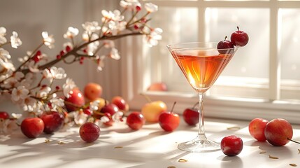 Sticker -   A glass of drink beside cherry cherries and a cherry branch