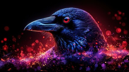 Wall Mural -   Close-up of a black bird with red eyes against a black background surrounded by red and pink lights