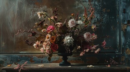 Canvas Print - Antique floral arrangement on rustic backdrop in subdued lighting