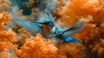 Wall Mural -   Blue bird perched atop orange sea anemone, surrounded by corals